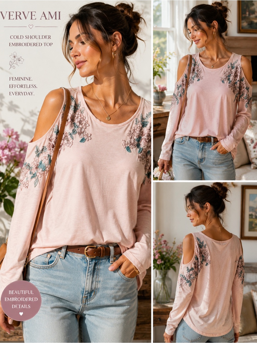Verve Ami Blush Cold Shoulder Floral Embroidered Long Sleeve Top Size Large
